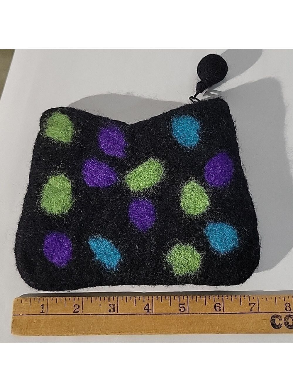 Nepal Rising Tide Black 100% Wool Purse w/Neon Green, Turquoise, & Purple Spots